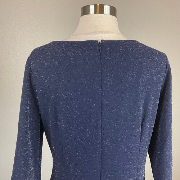 Adrianna Papell Long Sleeved Evening Gown Blue Metallic Size 8 Thigh Slit Formal - Picture 8 of 13